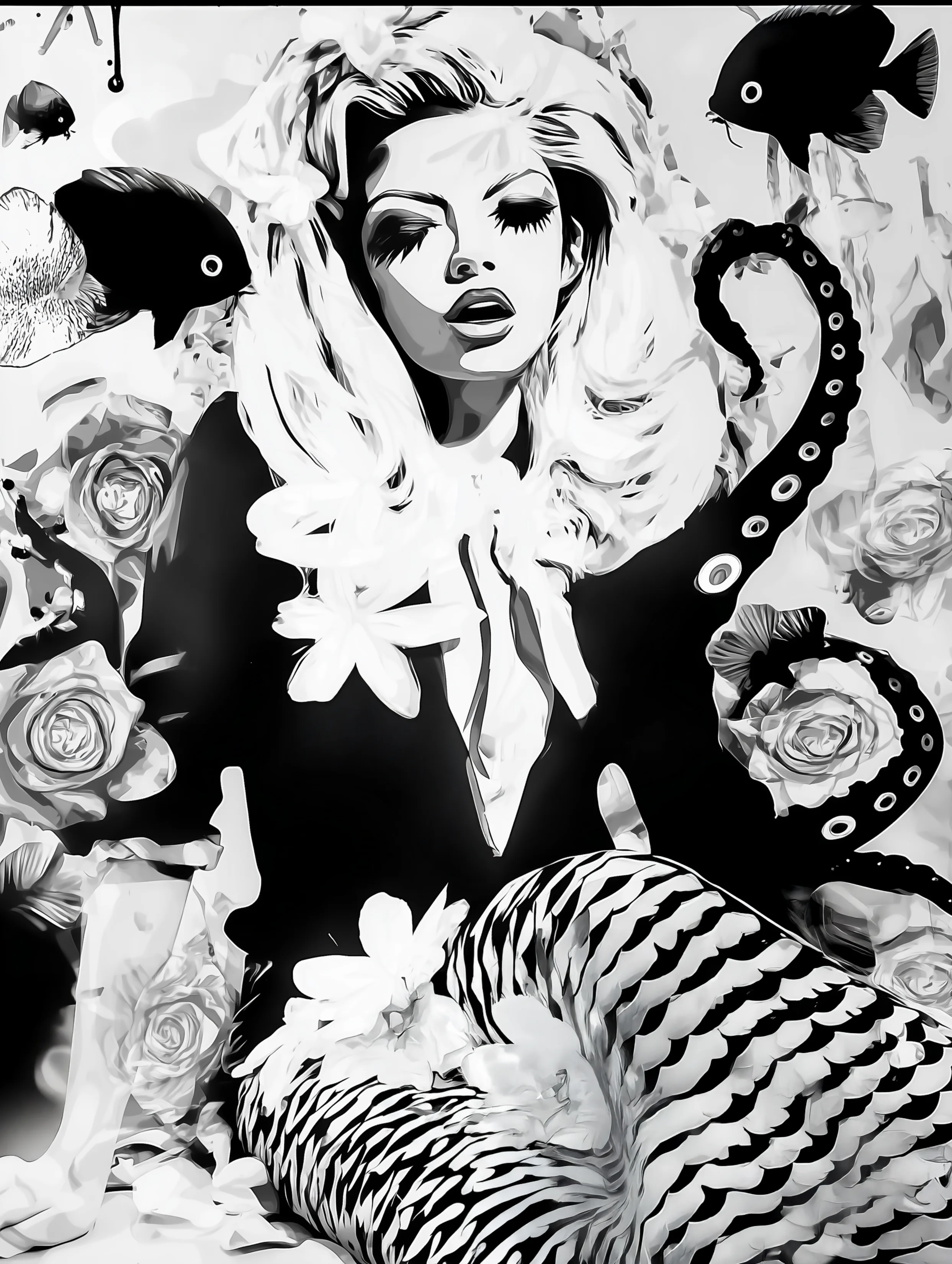 Free printable mermaid coloring page for adults featuring black shirt mermaid sitting on floor with octopus legs